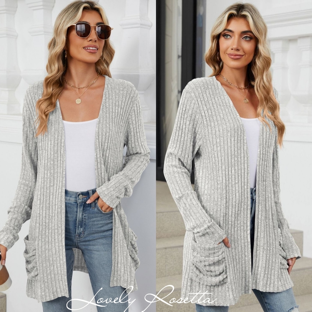 Gray Ribbed Open Front Cardigan - Picture 3 of 10